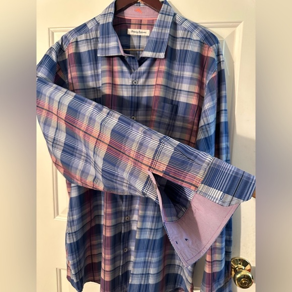 TOMMY BAHAMA Men’s XXL Long Sleeve Cotton Silk Blend Blue Pk Plaid Resort CLEAN - Picture 6 of 12